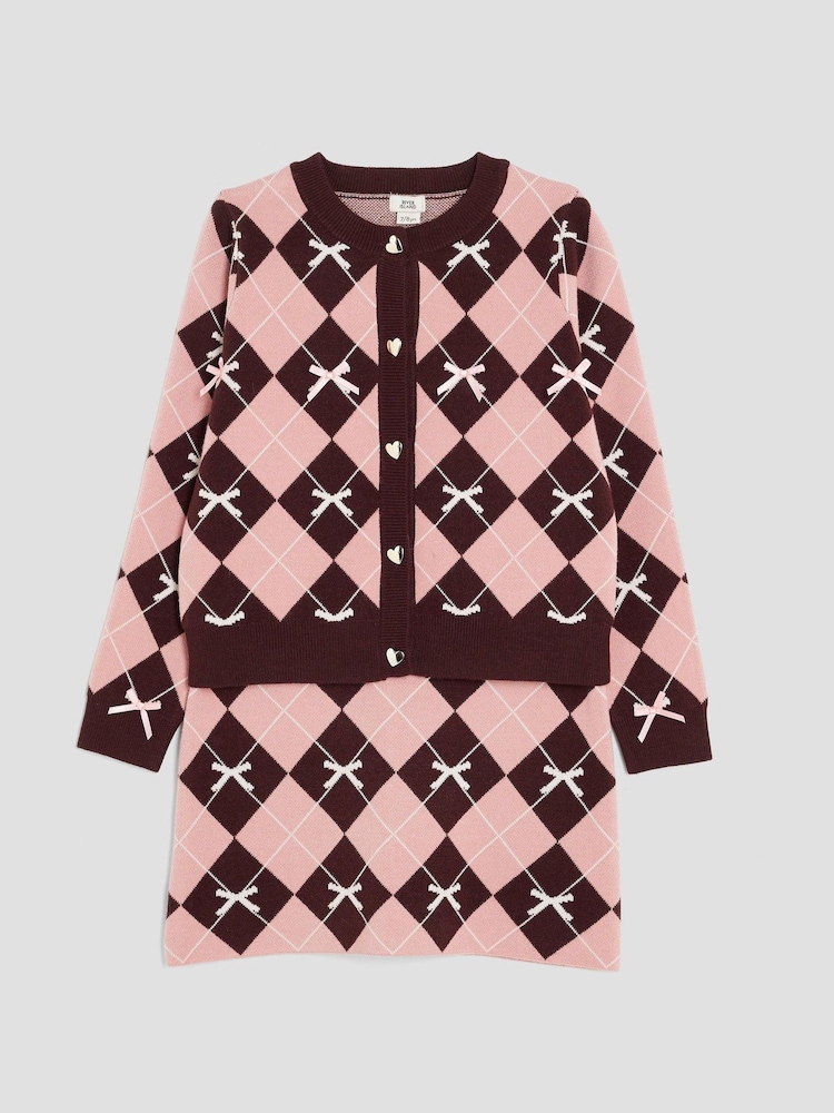 River Island Pink Girls Argyle Cardigan and Skirt Set