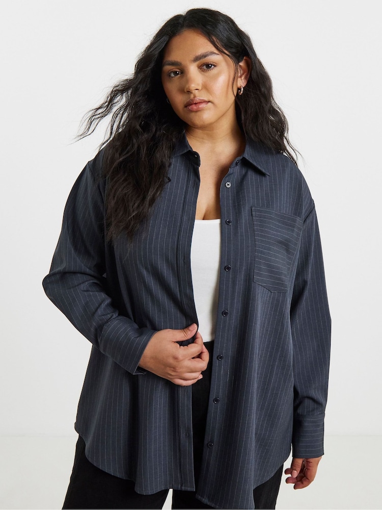 Simply Be Grey Oversized Pinstripe Shirt - Image 1 of 5