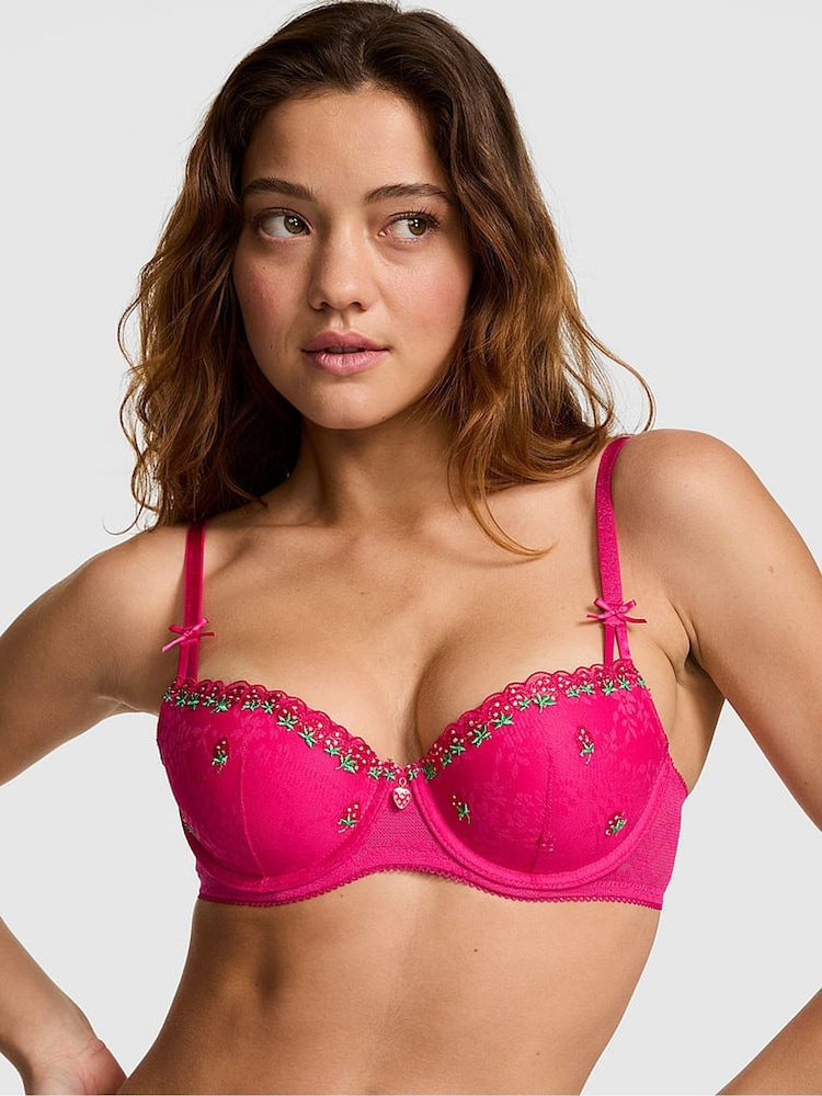 Victoria's Secret Pink Hot Stuff Pink Lightly Lined Strawberry Embroidery Bra - Image 1 of 3