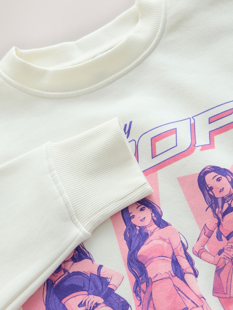 White/Purple/Pink Kpop Graphic Crew Neck Sweatshirt - Image 3 of 3