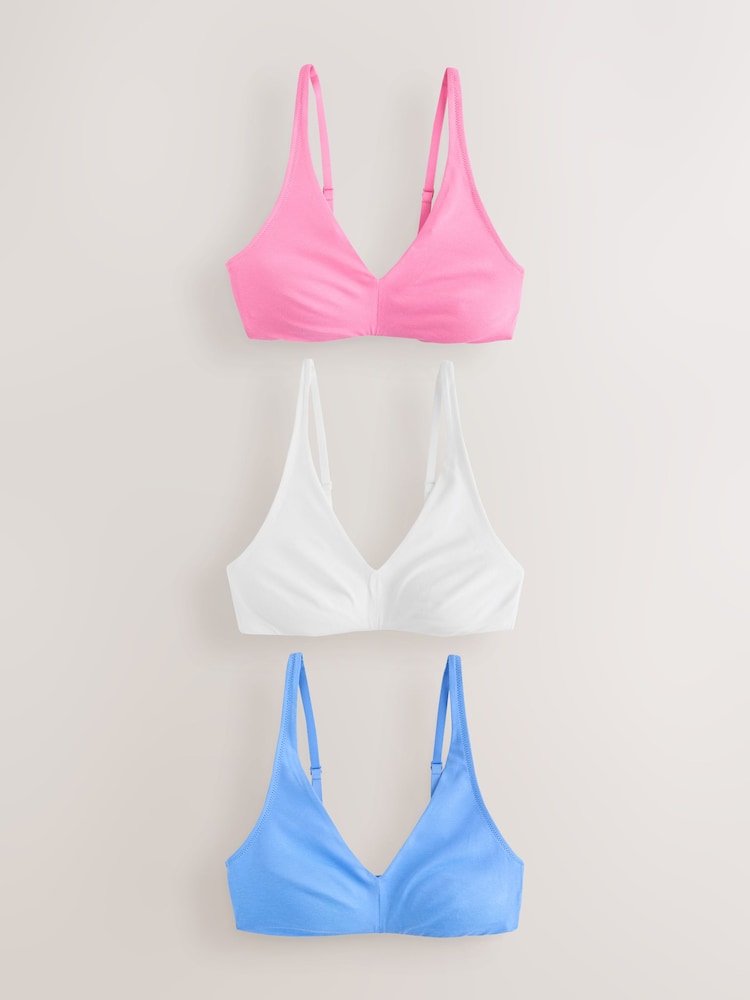 Blue/Pink/White Non Padded Non Wire Cotton Blend Ultimate Comfort Bras 3 Pack - Image 1 of 7