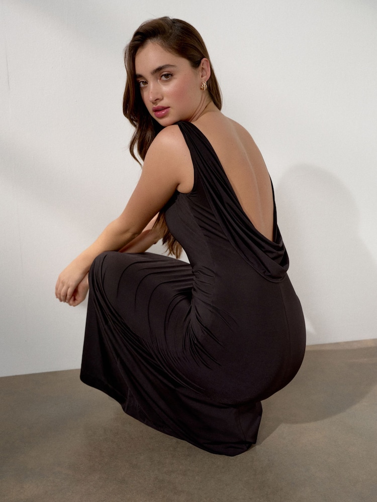 Navy Blue Cowl Back Maxi Occasion Dress - Image 1 of 5