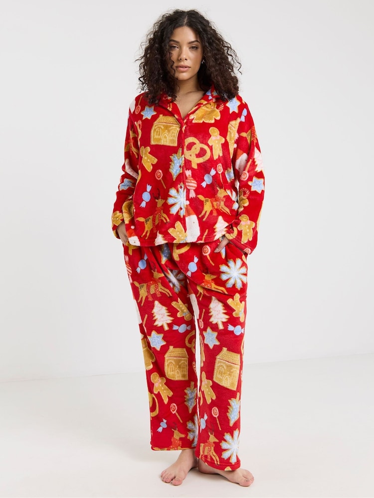 Simply Be Red Pretty Secrets Fleece Button Through Pyjamas Set - Image 4 of 4