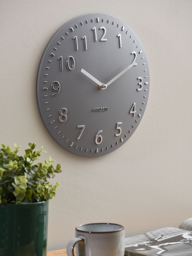 Present Time Cool Grey Convex Original Numbers Wall Clock - Image 1 of 5 Present Time Cool Grey Convex Original Numbers Wall Clock - Image 1 of 5