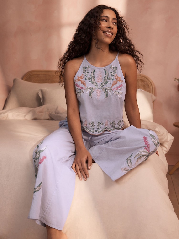 B by Ted Baker Blue Embroidery Cotton Cami Pyjamas - Image 2 of 12 B by Ted Baker Blue Embroidery Cotton Cami Pyjamas - Image 2 of 12