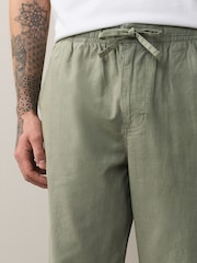 Green Relaxed Fit Linen Cotton Blend Trousers With Elasticated Waist - Image 5 of 9