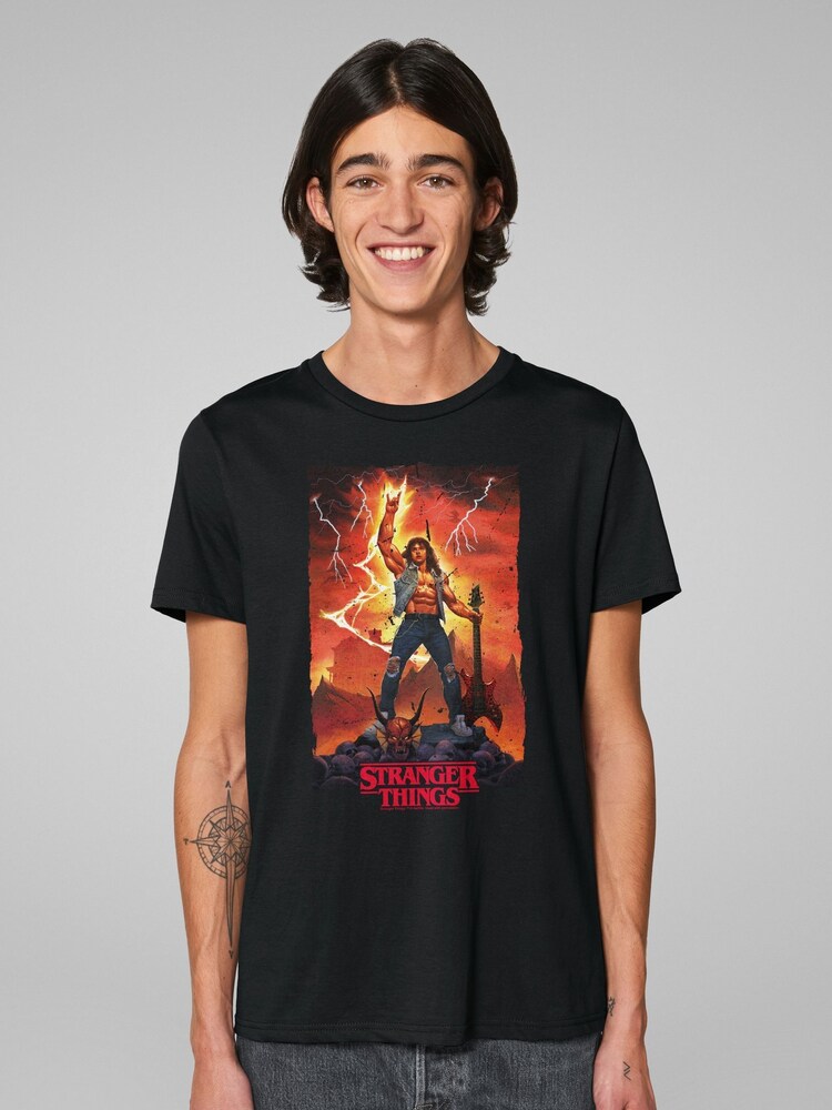 All + Every Black Stranger Things Ripped Eddie Munson Guitar Fantasy Scene T-Shirt - Image 1 of 4