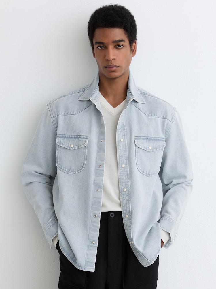 Vaalea hapan sininen pesu - Reiss Finley Washed Denim Western -paita - Kuva 1 / 6