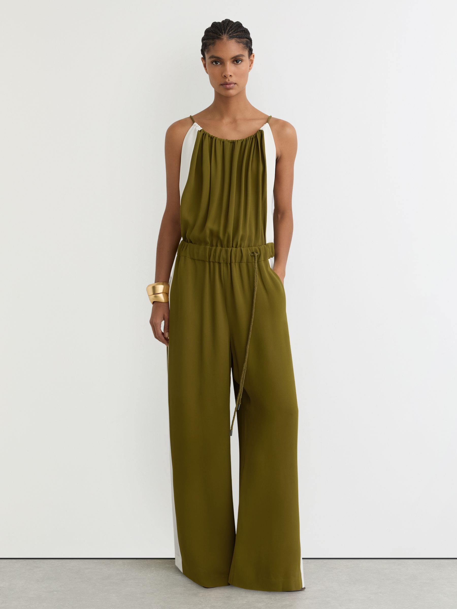 Buy Reiss Green/Cream Inez Colourblock Gathered Wide-Leg Jumpsuit