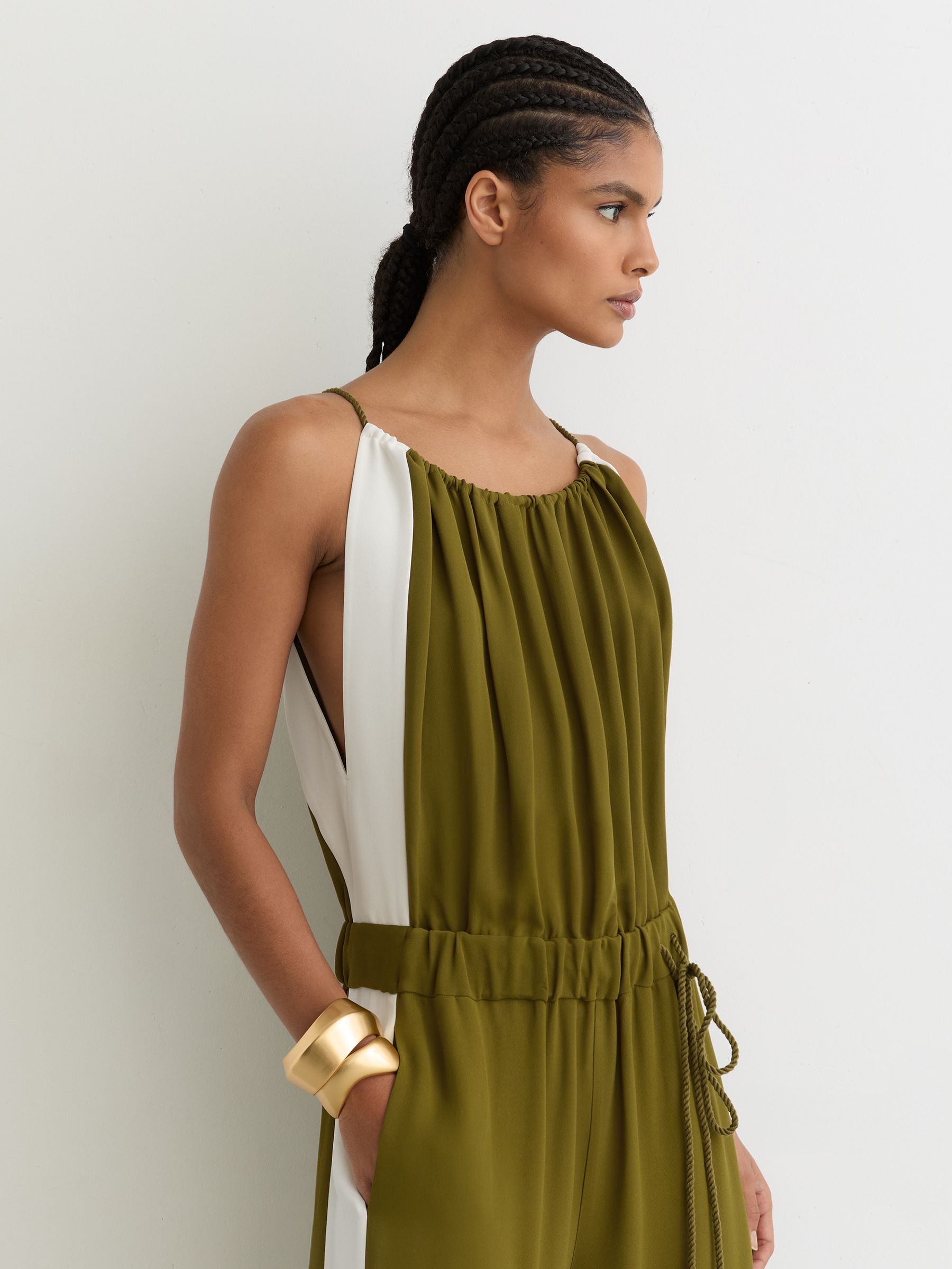 Buy Reiss Green/Cream Inez Colourblock Gathered Wide-Leg Jumpsuit