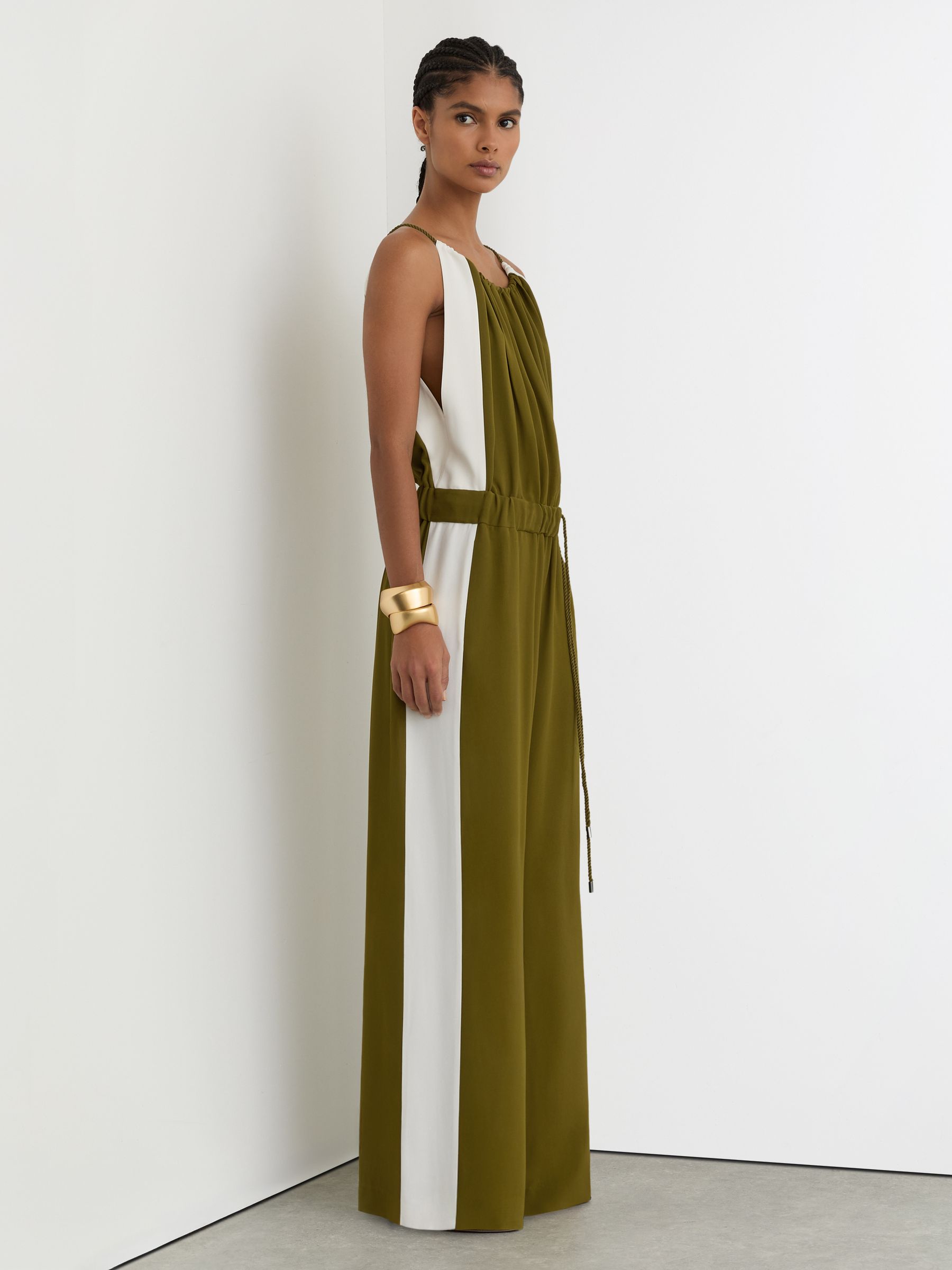 Buy Reiss Green/Cream Inez Colourblock Gathered Wide-Leg Jumpsuit