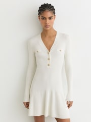 Reiss Ivory Lavelle Knitted Button-Detail Mini Dress - Image 1 of 6