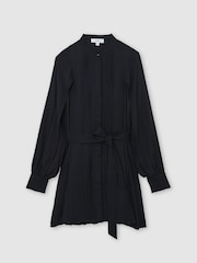 Reiss Navy Eliana Embroidered-Trim Belted Mini Dress - Image 2 of 7