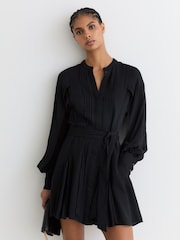 Reiss Navy Eliana Embroidered-Trim Belted Mini Dress - Image 4 of 7