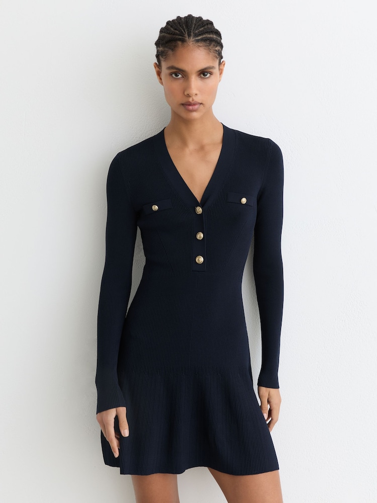 Reiss Navy Lavelle Knitted Mini Dress - Image 1 of 7