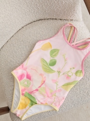 Reiss Pink Print Yasmin 9-13 yrs Printed Cross-Strap Swimsuit - Image 1 of 3