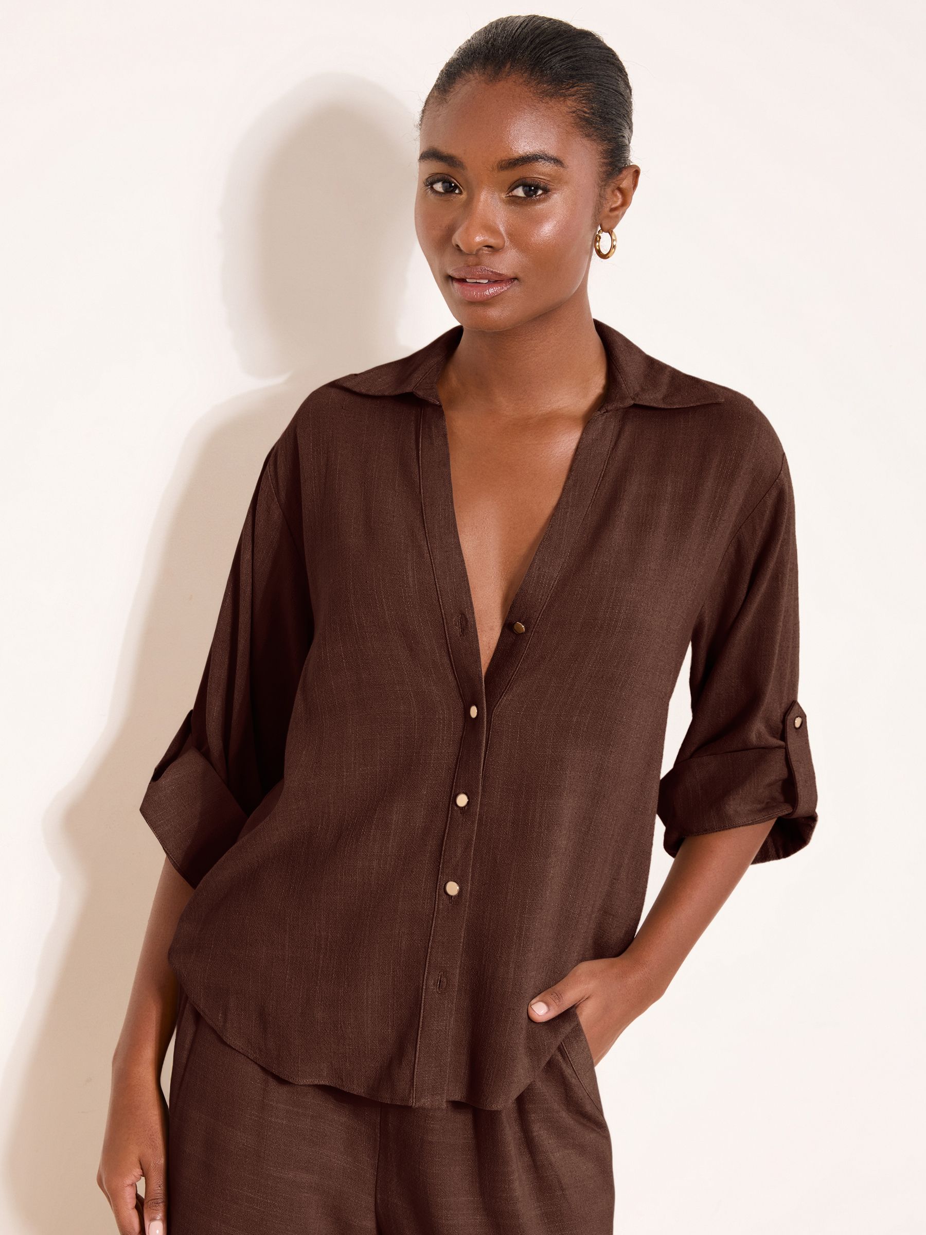 Buy Lipsy Chocolate Brown Touch Of Linen Long Sleeve Shirt from