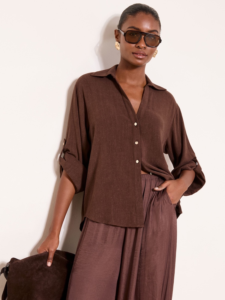 Lipsy Chocolate Brown Touch Of Linen Long Sleeve Shirt - Image 1 of 4