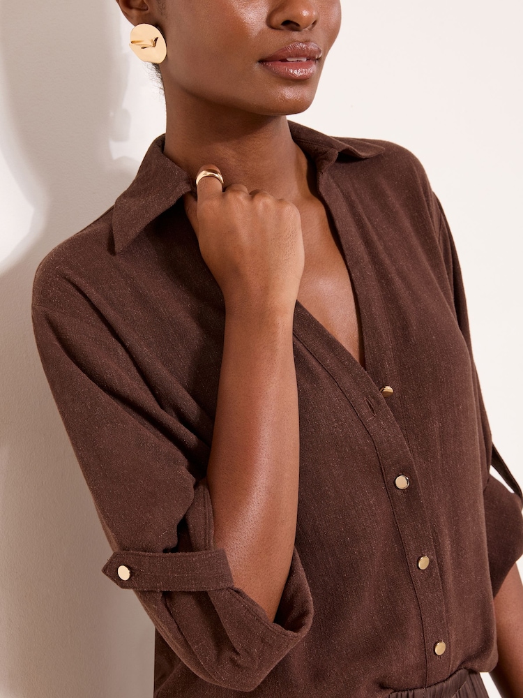 Lipsy Chocolate Brown Touch Of Linen Long Sleeve Shirt - Image 2 of 4