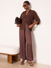 Lipsy Chocolate Brown Touch Of Linen Long Sleeve Shirt - Image 3 of 4