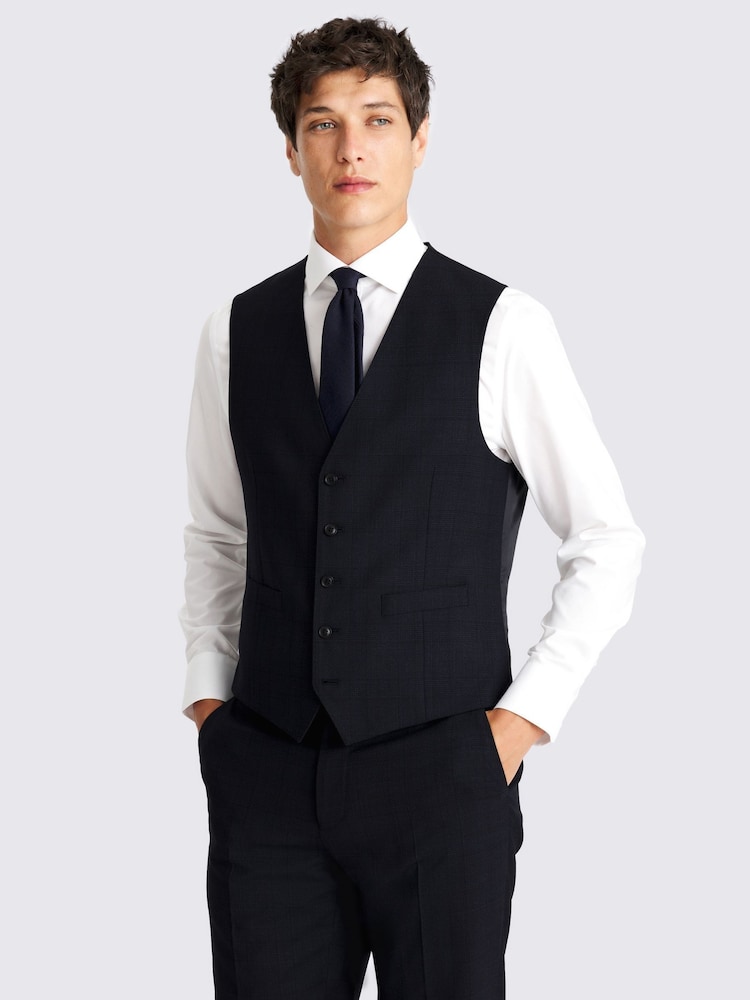 MOSS Regular Fit Navy Blue Half Canvas Check Waistcoat - Image 1 of 3