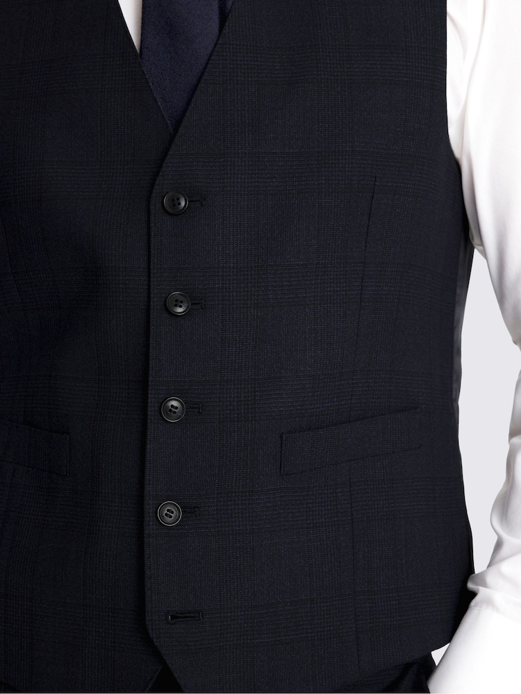MOSS Regular Fit Navy Blue Half Canvas Check Waistcoat - Image 3 of 3