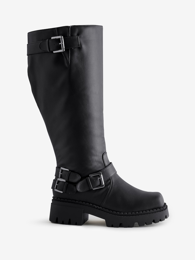 Simply Be Black Extra Wide Fit Chunky Biker Boot With Buckle Detail - Image 1 of 1 Simply Be Black Extra Wide Fit Chunky Biker Boot With Buckle Detail - Image 1 of 1
