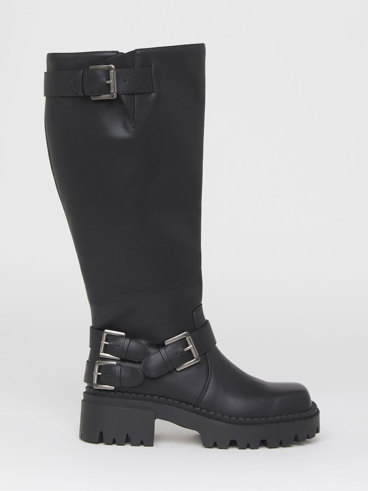 Simply Be Black Extra Wide Fit Chunky Biker Boot With Buckle Detail - Image 2 of 4