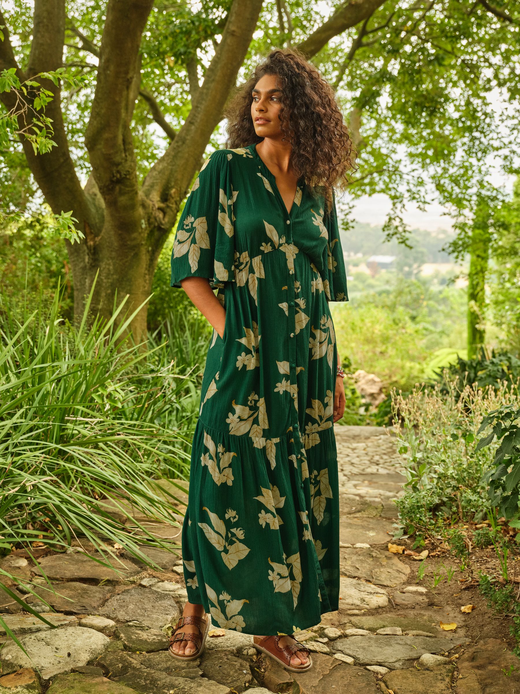 FatFace Paige Floral Midi Dress, Green, Size 14, Women - Image 2
