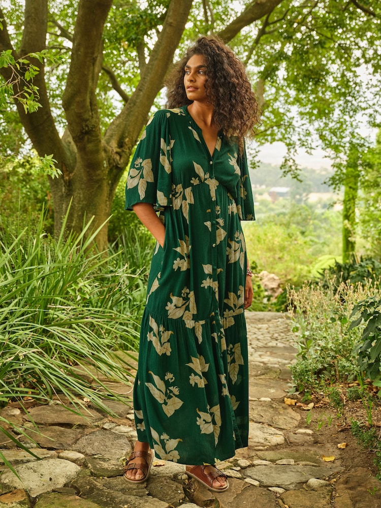 FatFace Paige Green Tonal Leaves Midi Dress - Image 1 of 6 FatFace Paige Green Tonal Leaves Midi Dress - Image 1 of 6