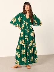 FatFace Paige Green Tonal Leaves Midi Dress - Image 2 of 6