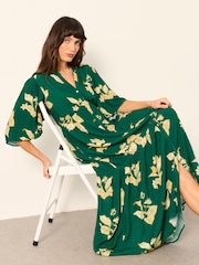 FatFace Paige Green Tonal Leaves Midi Dress - Image 5 of 6