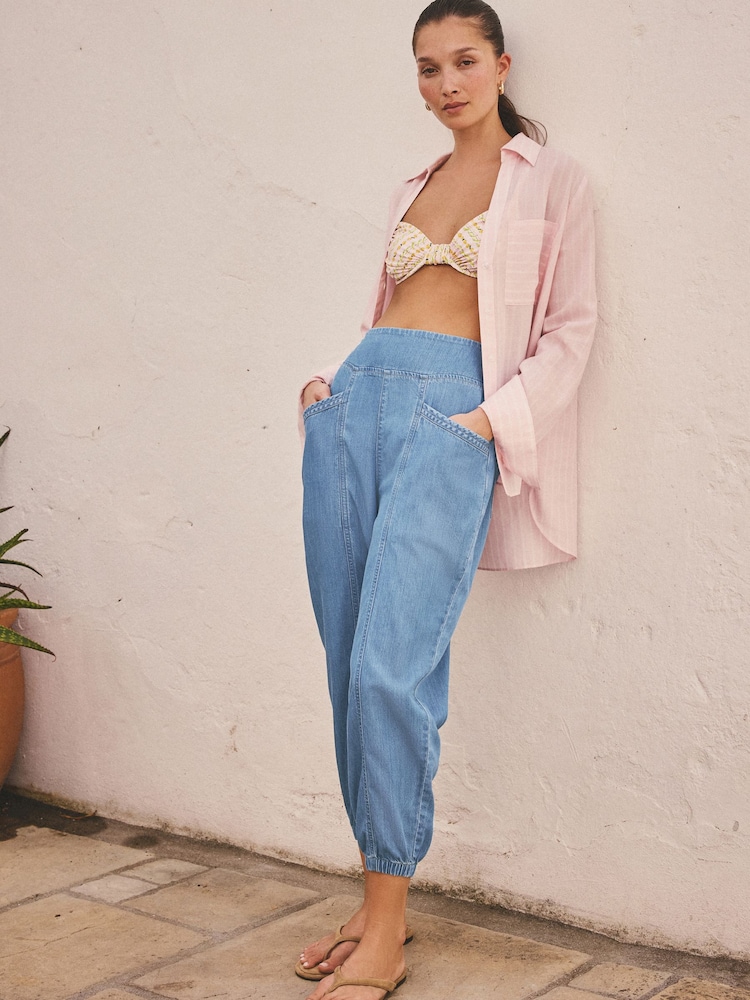 Mid Blue Tencel Blend Lightweight Denim Hareem Trousers - Image 1 of 8