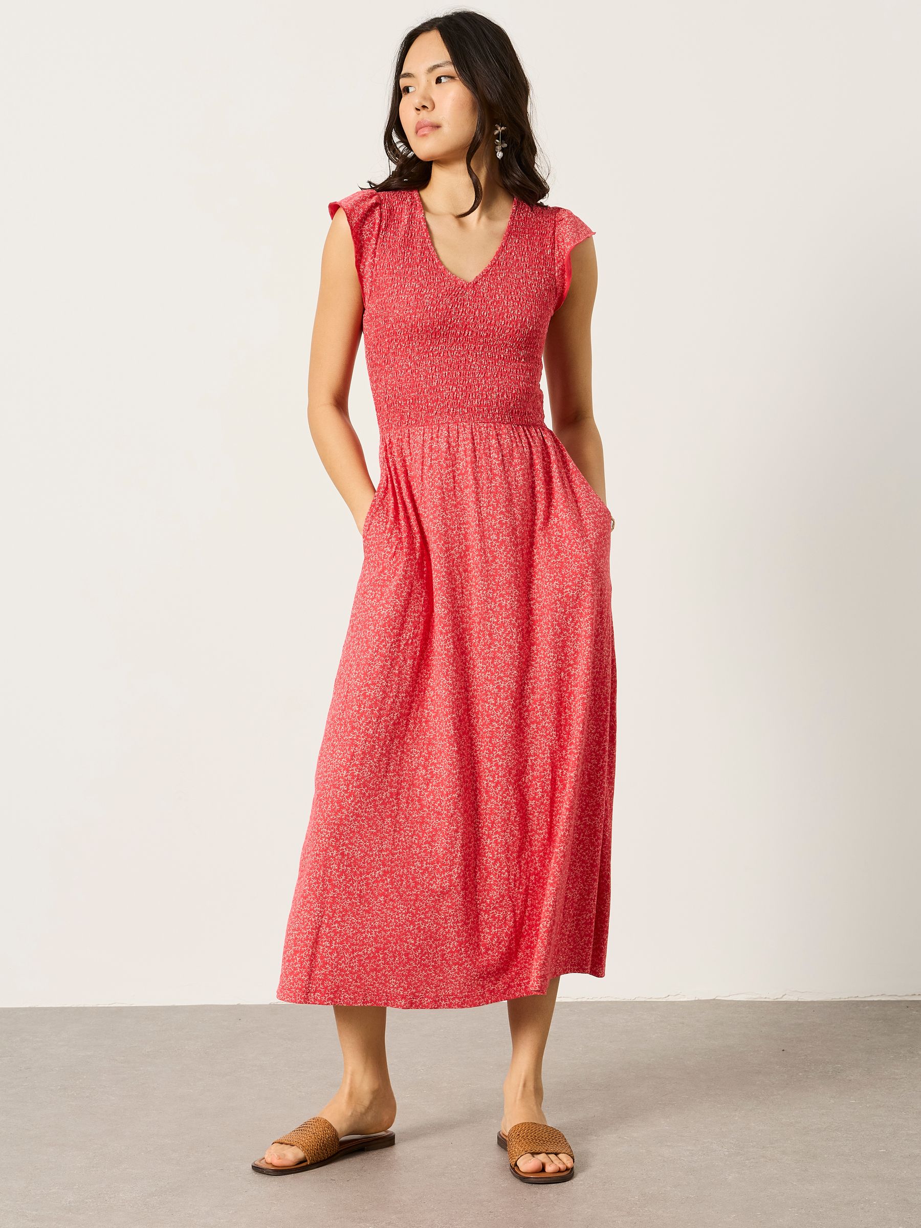 Fat Face Women's Red Coral Texture Fatface Demi Jersey Midi Dress