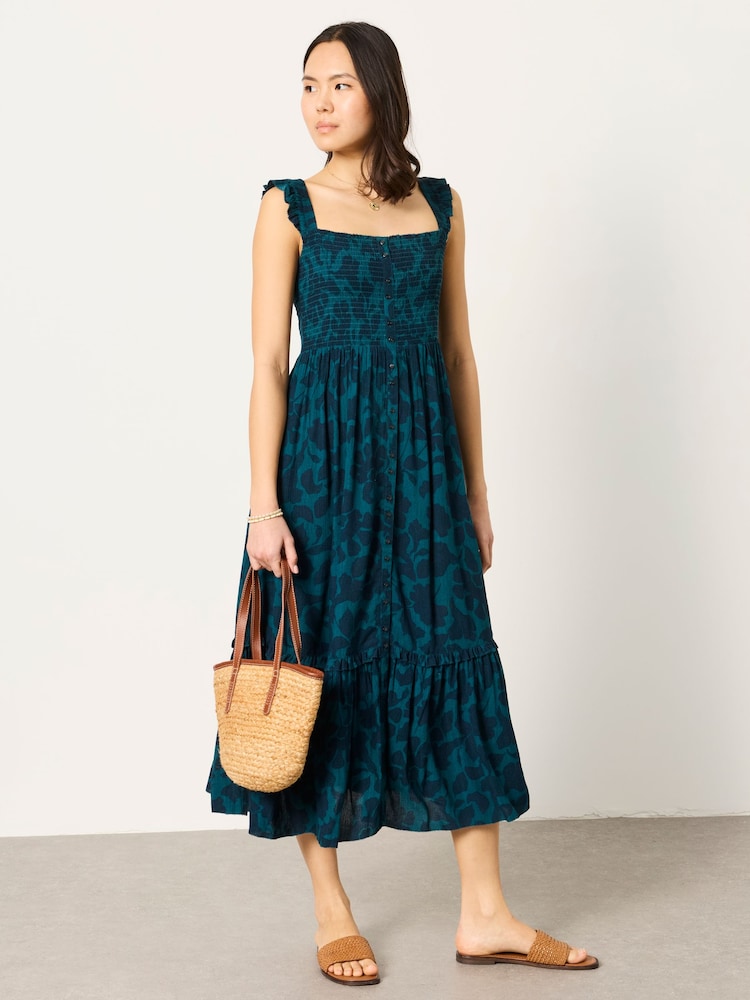 FatFace Eva Dark Teal Batik Mono Midi Dress - Image 1 of 6