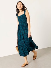 FatFace Eva Dark Teal Batik Mono Midi Dress - Image 3 of 6