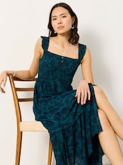 FatFace Eva Dark Teal Batik Mono Midi Dress - Image 4 of 6