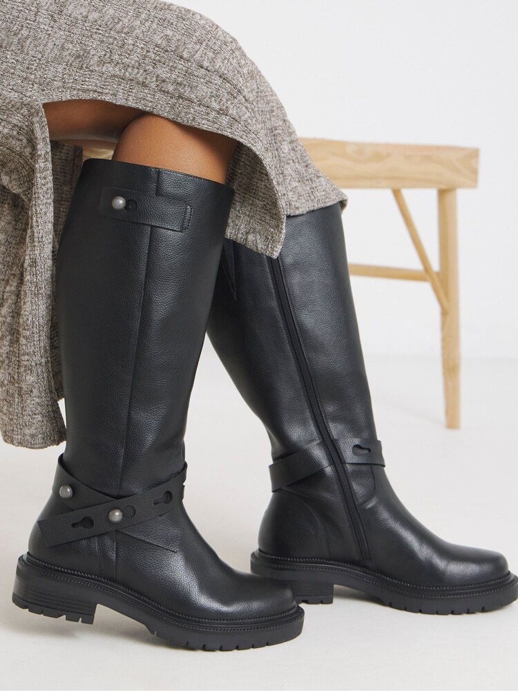 Simply Be Black Wide Fit Casual Knee High Boots With Wrap Detail - Image 1 of 4