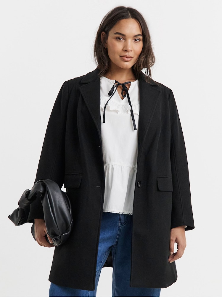 Simply Be Black Longline Faux Wool Coat - Image 1 of 4 Simply Be Black Longline Faux Wool Coat - Image 1 of 4