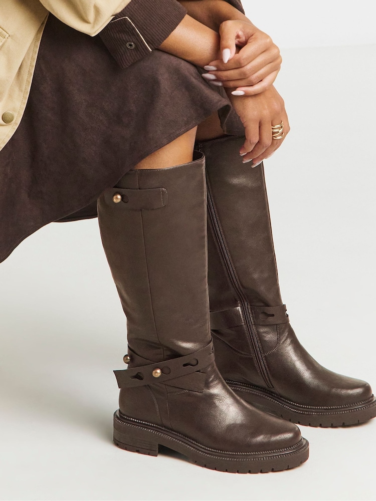 Simply Be Brown Wide Fit Casual Knee High Boots With Wrap Detail - Image 1 of 4