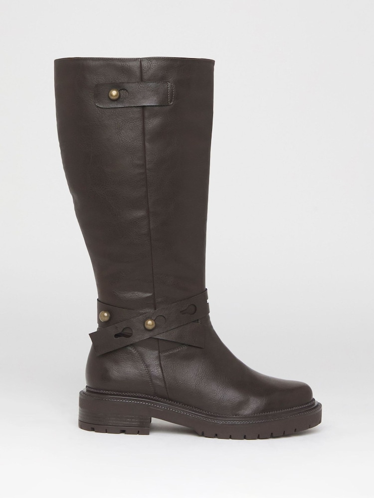 Simply Be Brown Wide Fit Casual Knee High Boots With Wrap Detail - Image 2 of 4