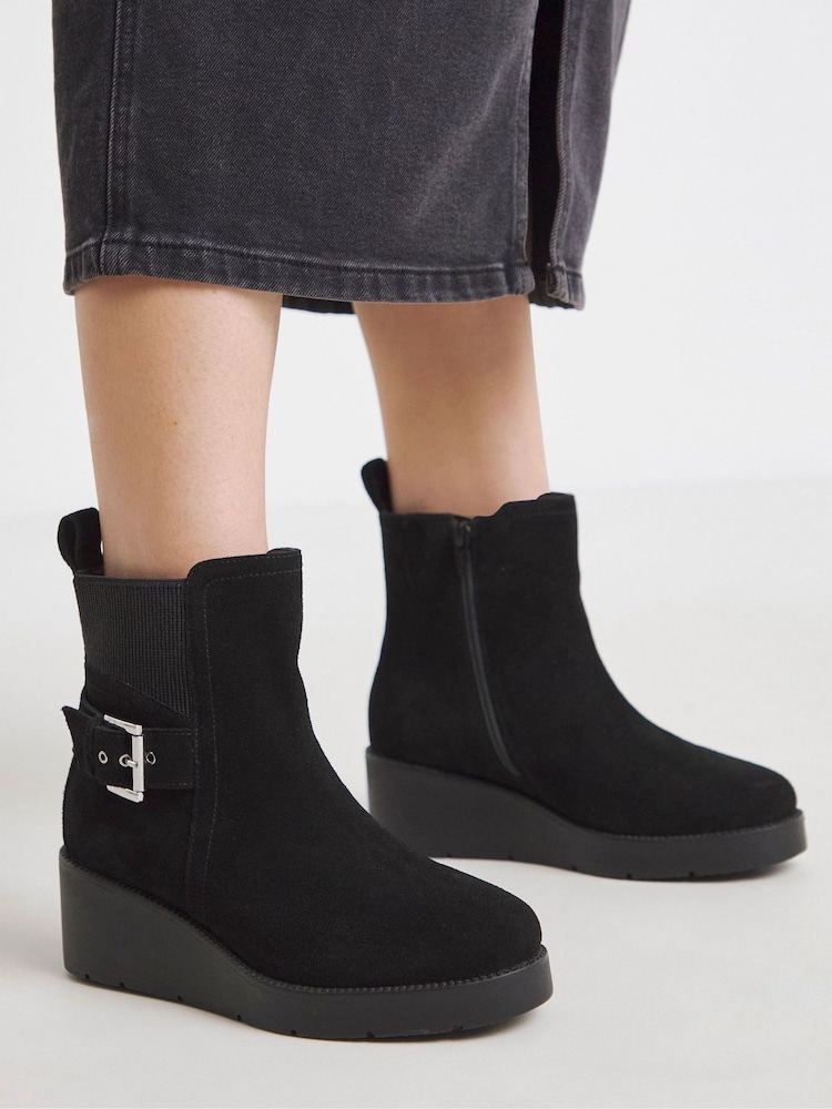 Simply Be Black Extra Wide Fit Wedge Chelsea Boot With Buckle - Image 1 of 4 Simply Be Black Extra Wide Fit Wedge Chelsea Boot With Buckle - Image 1 of 4