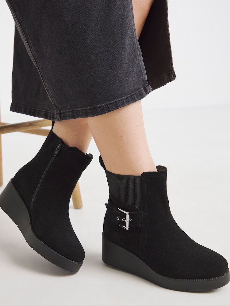 Simply Be Black Wide Fit Wedge Chelsea Boot With Buckle - Image 1 of 4 Simply Be Black Wide Fit Wedge Chelsea Boot With Buckle - Image 1 of 4