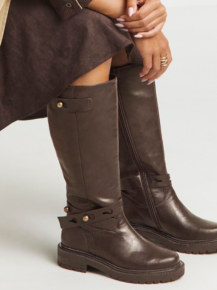 Simply Be Brown Wide Fit Casual Knee High Boots With Wrap Detail - Image 1 of 4