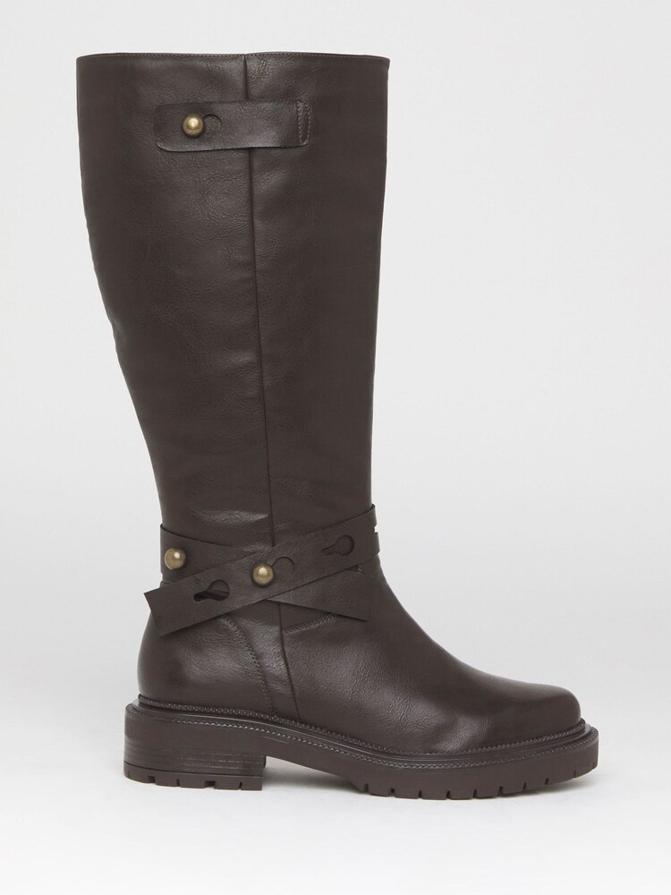 Simply Be Brown Wide Fit Casual Knee High Boots With Wrap Detail - Image 2 of 4