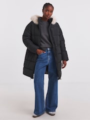 Simply Be Black Fur Trim Longline Padded Coat - Image 1 of 4