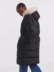 Simply Be Black Fur Trim Longline Padded Coat - Image 2 of 4