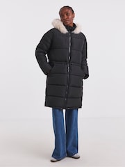 Simply Be Black Fur Trim Longline Padded Coat - Image 3 of 4