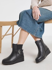 Simply Be Black Wide Fit Wedge Chelsea Boots With Buckle - Image 1 of 4