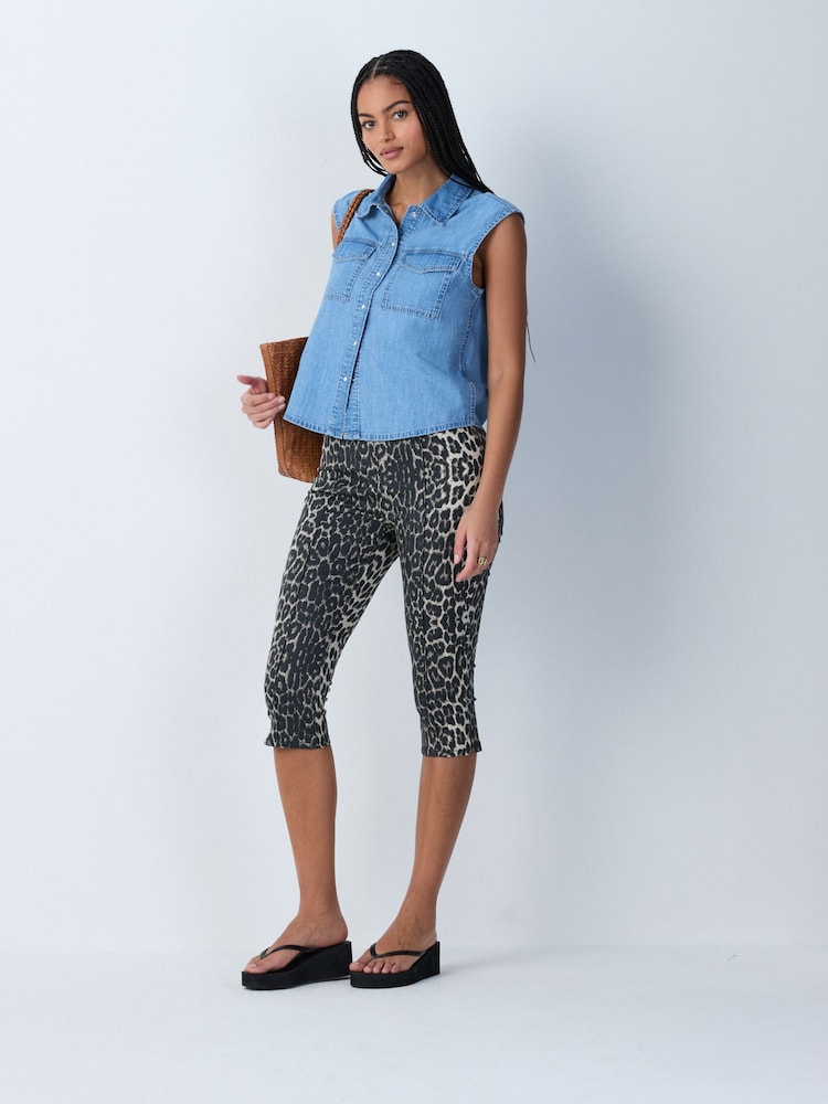 Leopard Print Denim Cropped Capri Jeans - Image 1 of 9